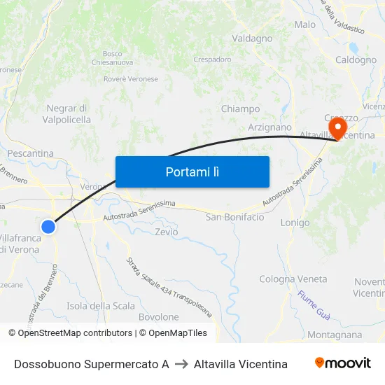 Dossobuono Supermercato A to Altavilla Vicentina map