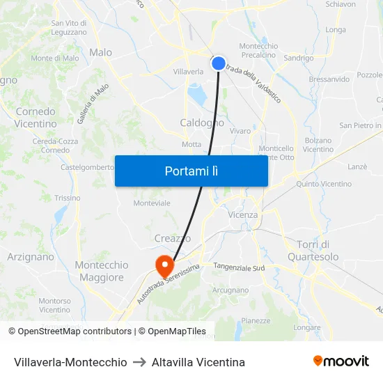 Villaverla-Montecchio to Altavilla Vicentina map
