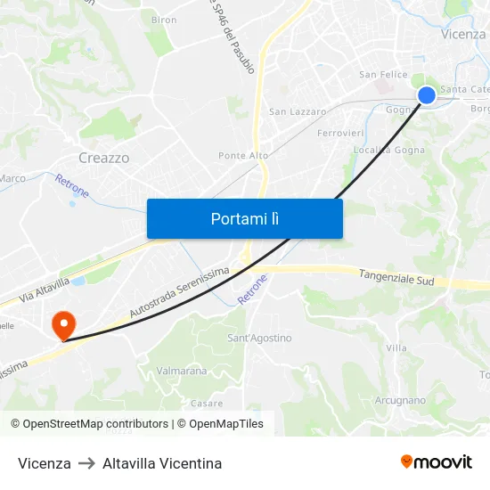Vicenza to Altavilla Vicentina map