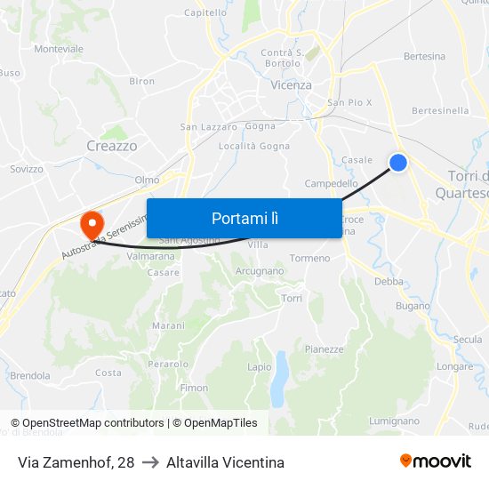 Via Zamenhof, 28 to Altavilla Vicentina map
