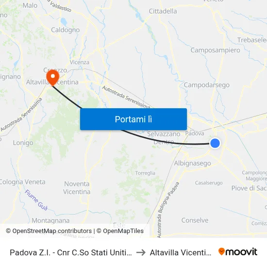 Padova Z.I. - Cnr C.So Stati Uniti R to Altavilla Vicentina map