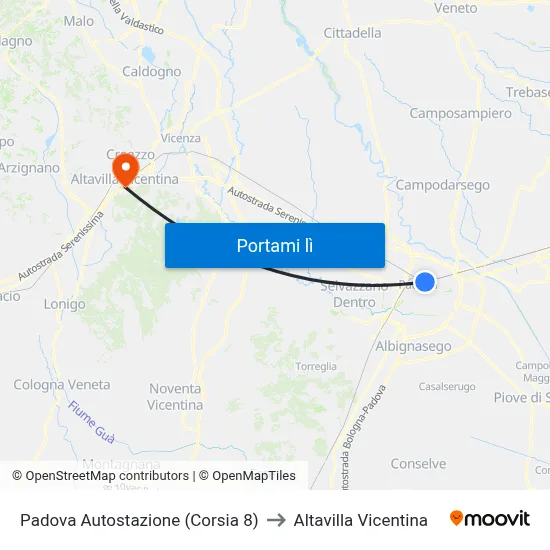 Padova Autostazione (Corsia 8) to Altavilla Vicentina map