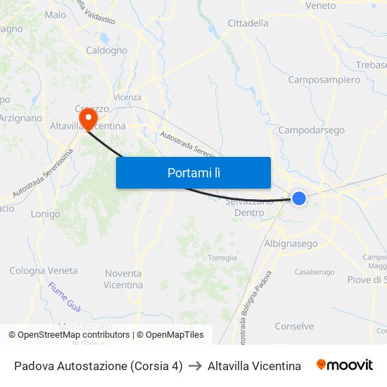 Padova Autostazione (Corsia 4) to Altavilla Vicentina map