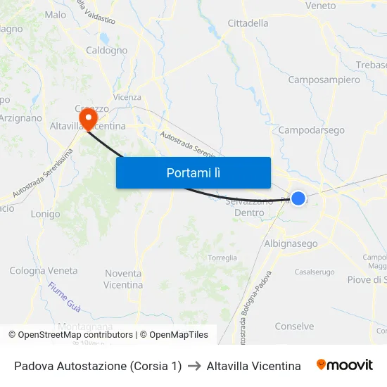 Padova Autostazione (Corsia 1) to Altavilla Vicentina map