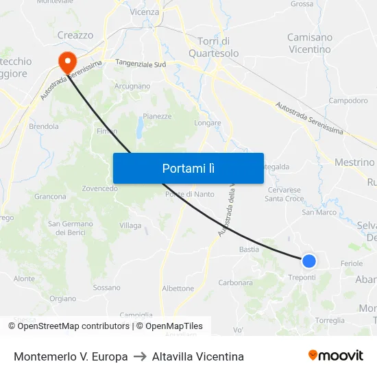 Montemerlo V. Europa to Altavilla Vicentina map