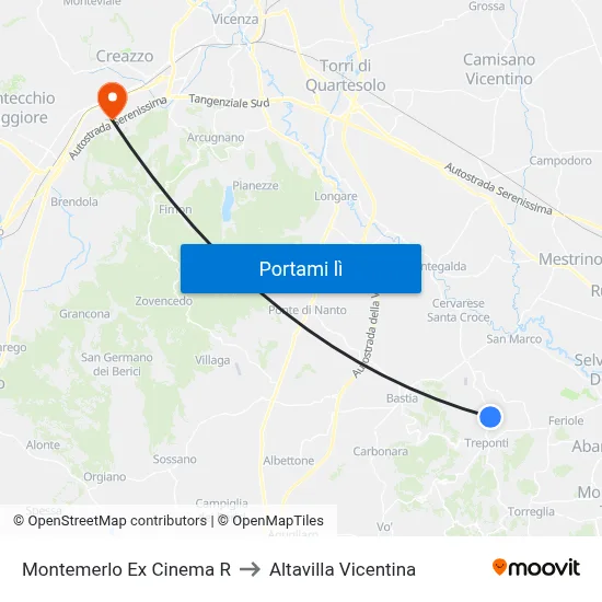 Montemerlo Ex Cinema R to Altavilla Vicentina map