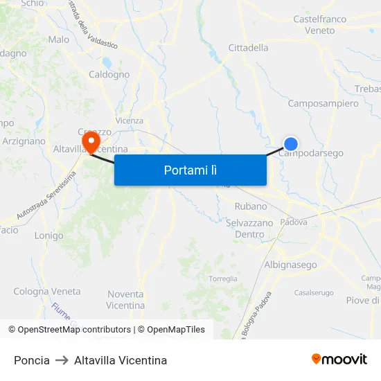 Poncia to Altavilla Vicentina map
