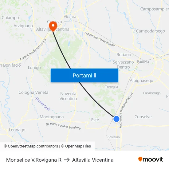Monselice V.Rovigana R to Altavilla Vicentina map