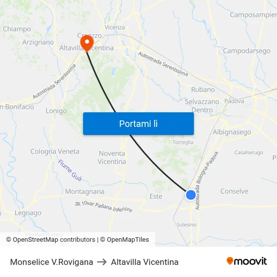 Monselice V.Rovigana to Altavilla Vicentina map