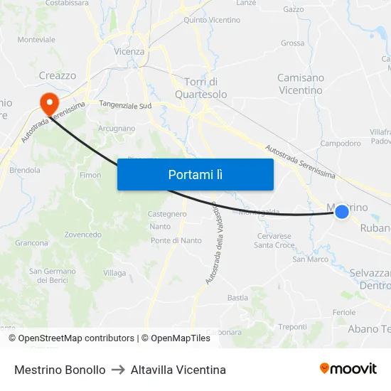 Mestrino Bonollo to Altavilla Vicentina map