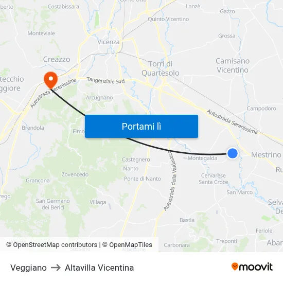 Veggiano to Altavilla Vicentina map