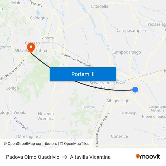 Padova Olmo Quadrivio to Altavilla Vicentina map