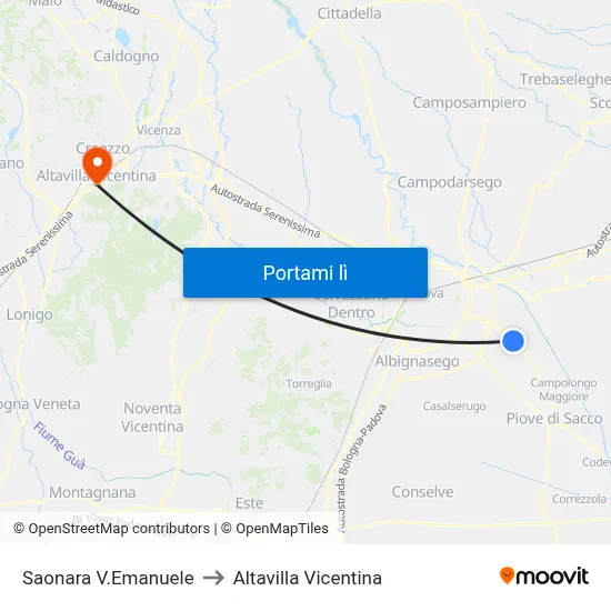 Saonara V.Emanuele to Altavilla Vicentina map