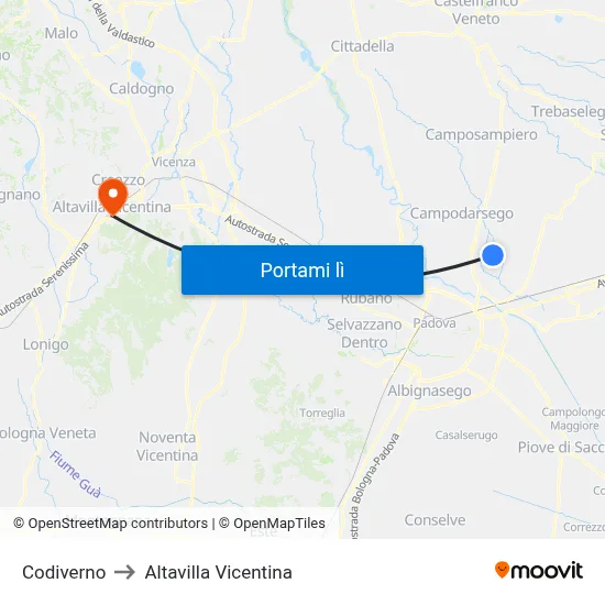 Codiverno to Altavilla Vicentina map