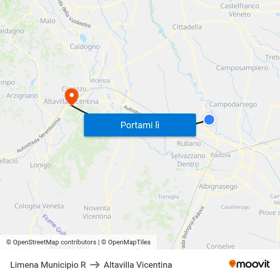 Limena Municipio R to Altavilla Vicentina map