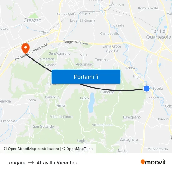Longare to Altavilla Vicentina map