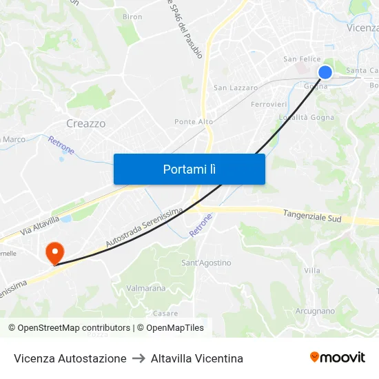 Vicenza Autostazione to Altavilla Vicentina map