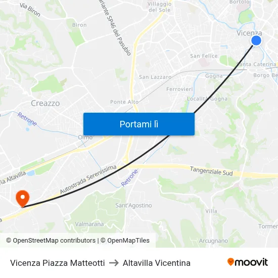Vicenza Piazza Matteotti to Altavilla Vicentina map