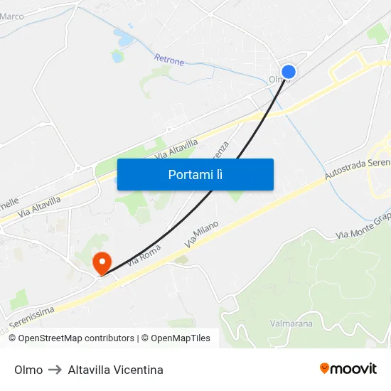 Olmo to Altavilla Vicentina map