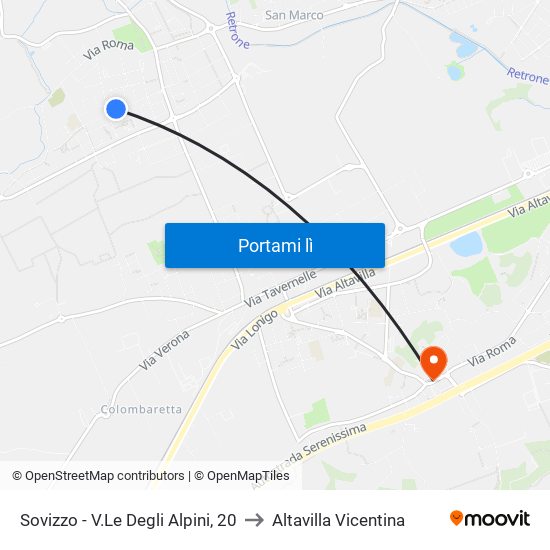 Sovizzo - V.Le Degli Alpini, 20 to Altavilla Vicentina map