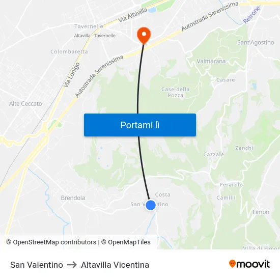San Valentino to Altavilla Vicentina map