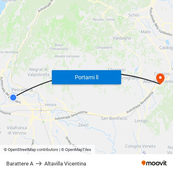 Barattere A to Altavilla Vicentina map