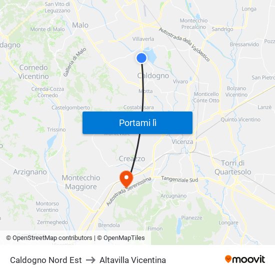 Caldogno Nord Est to Altavilla Vicentina map