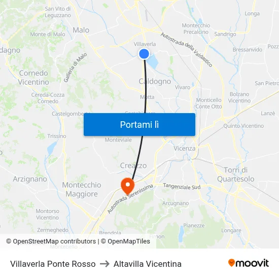 Villaverla Ponte Rosso to Altavilla Vicentina map