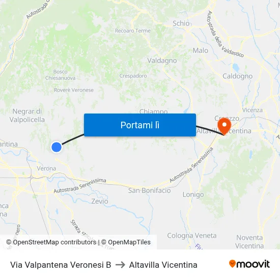 Via Valpantena Veronesi B to Altavilla Vicentina map