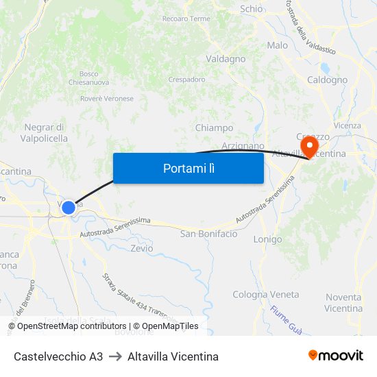 Castelvecchio A3 to Altavilla Vicentina map
