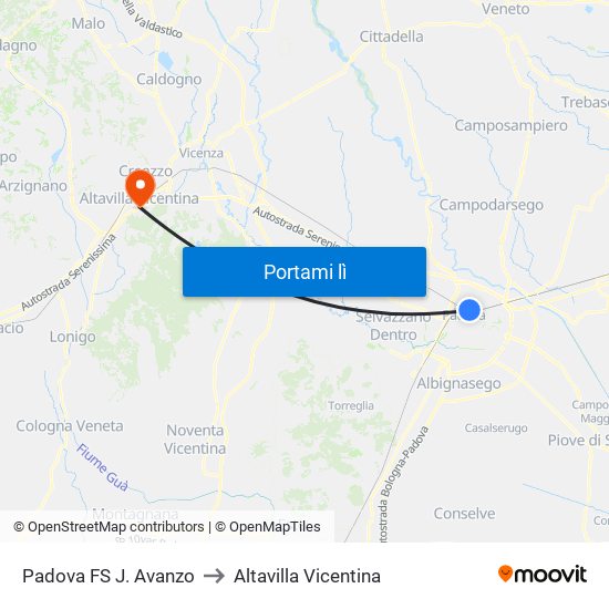 Padova FS J. Avanzo to Altavilla Vicentina map