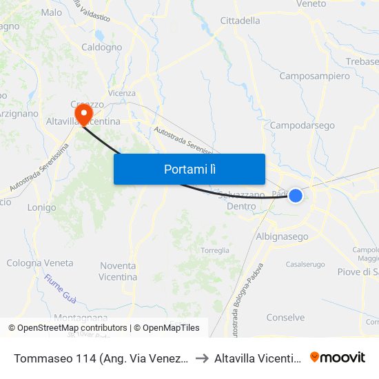 Tommaseo 114 (Ang. Via Venezia) to Altavilla Vicentina map
