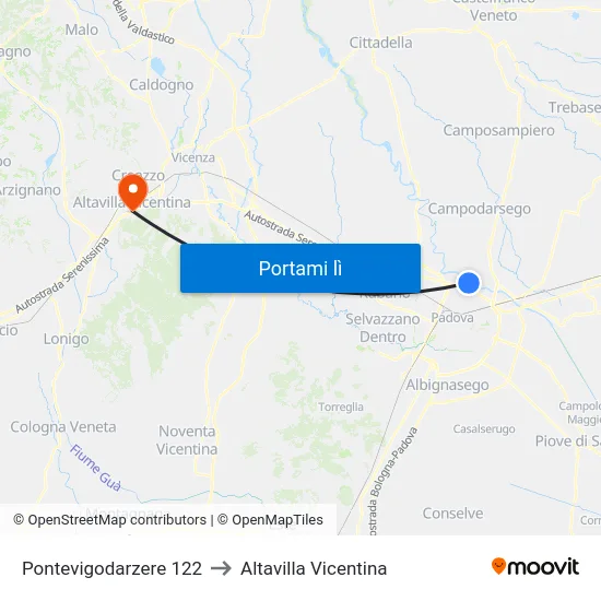 Pontevigodarzere 122 to Altavilla Vicentina map