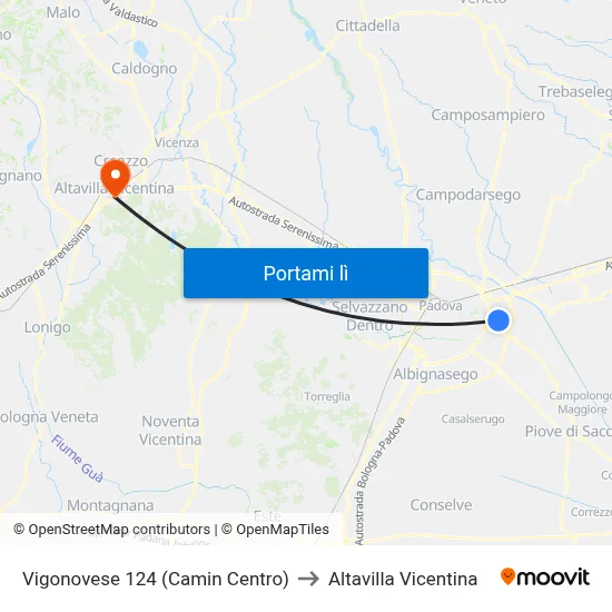 Vigonovese 124 (Camin Centro) to Altavilla Vicentina map