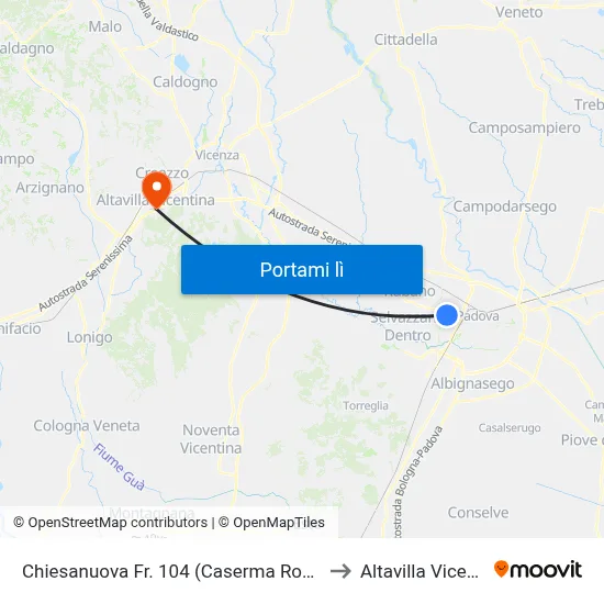 Chiesanuova Fr. 104 (Caserma Romagnoli) to Altavilla Vicentina map