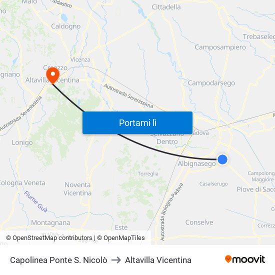 Capolinea Ponte S. Nicolò to Altavilla Vicentina map