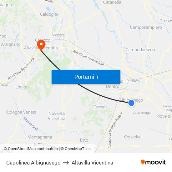 Capolinea Albignasego to Altavilla Vicentina map