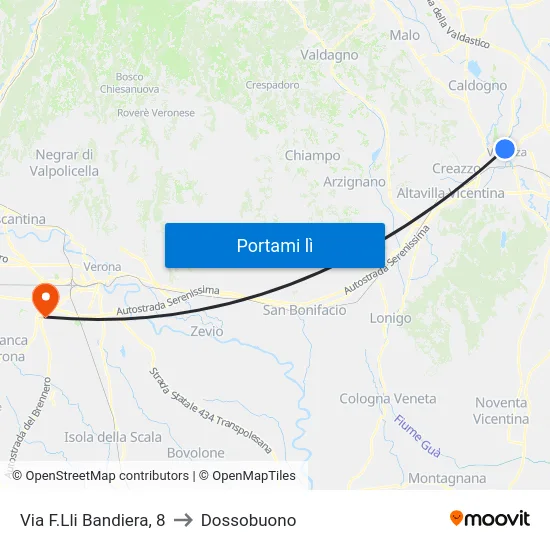 Via F.Lli Bandiera, 8 to Dossobuono map