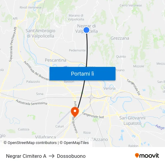 Negrar Cimitero A to Dossobuono map