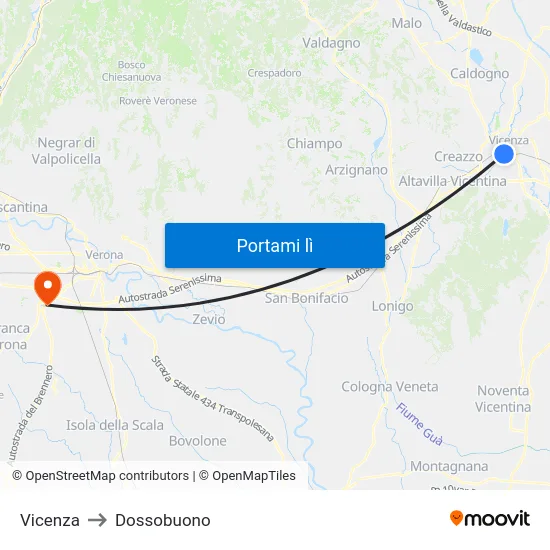Vicenza to Dossobuono map