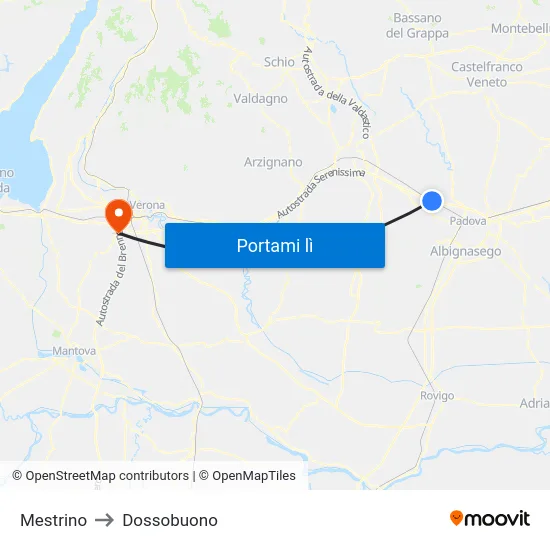 Mestrino to Dossobuono map