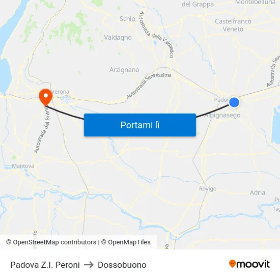 Padova Z.I. Peroni to Dossobuono map