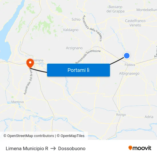 Limena Municipio R to Dossobuono map
