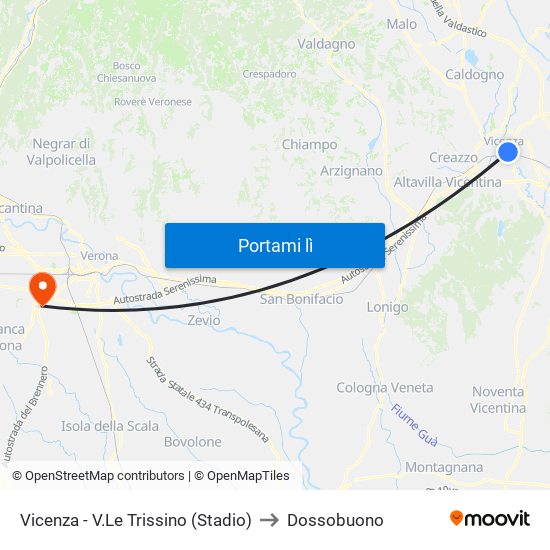 Vicenza - V.Le Trissino (Stadio) to Dossobuono map