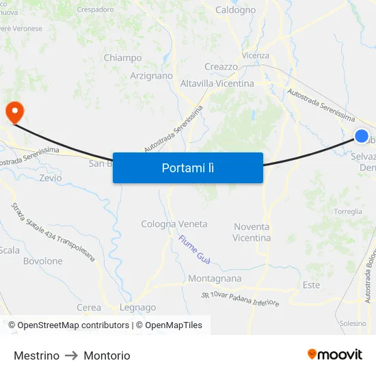 Mestrino to Montorio map