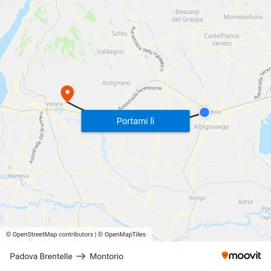 Padova Brentelle to Montorio map