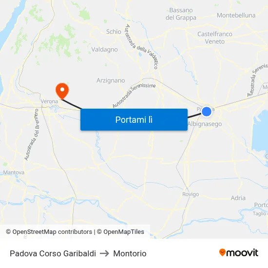Padova Corso Garibaldi to Montorio map