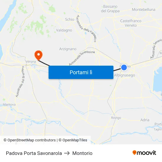 Padova Porta Savonarola to Montorio map