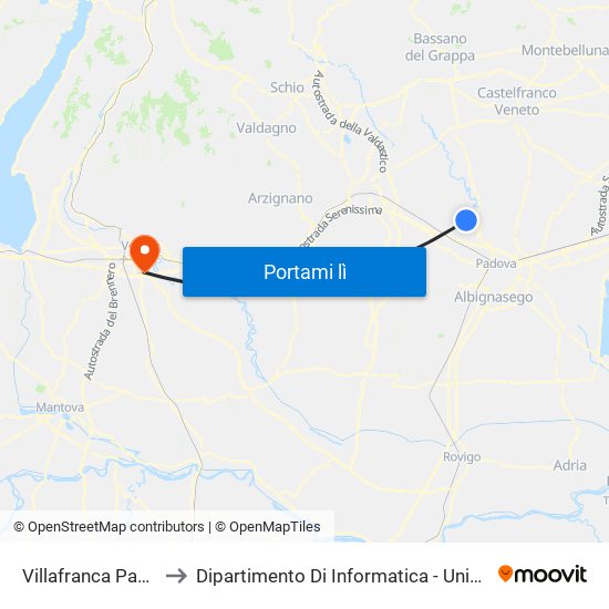 Villafranca Padovana R to Dipartimento Di Informatica - Università Di Verona map