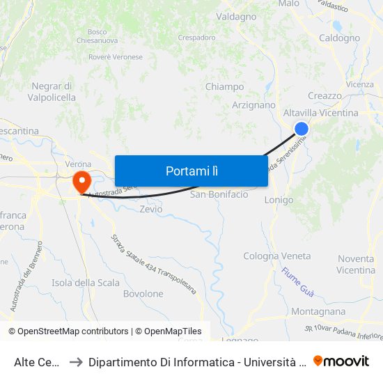 Alte Centro to Dipartimento Di Informatica - Università Di Verona map